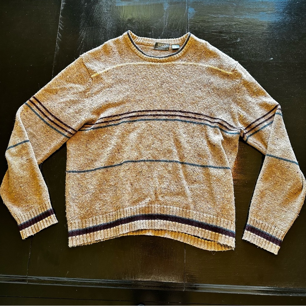 Banner Vintage XL Brown Crewneck Sweater Colorful Wool Blend 90s Taiwan